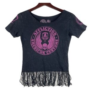 Affliction Women’s Black Fringe Hot Pink Graphic Tee - Skull, Wings, Biker